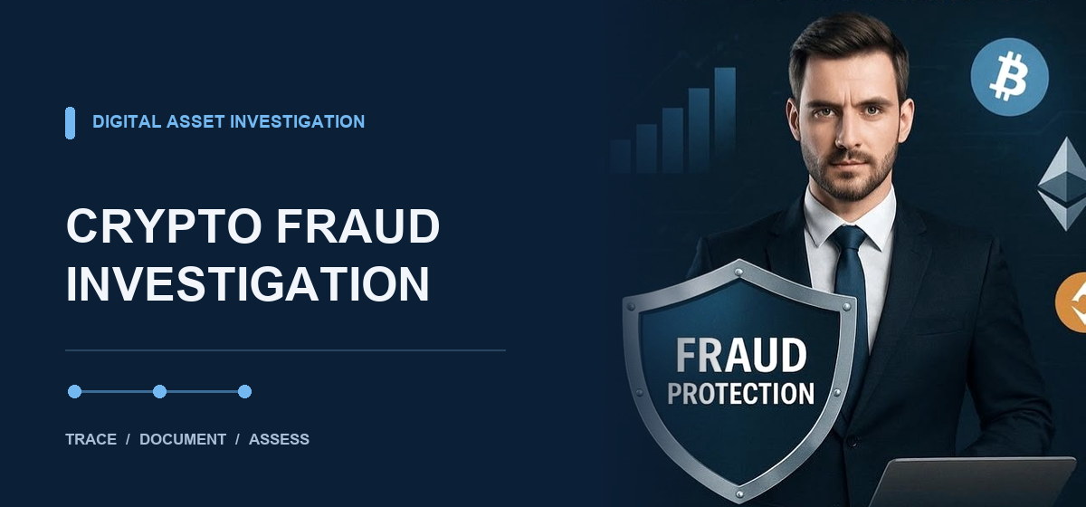 Digital asset investigation illustration featuring cryptocurrency symbols and a fraud protection shield