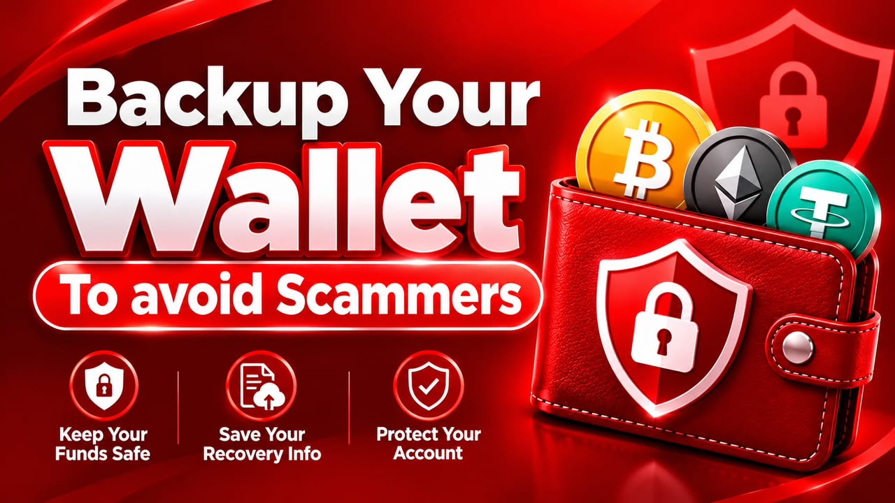 Illustration of a cryptocurrency wallet with security symbols and a reminder to back up wallet information